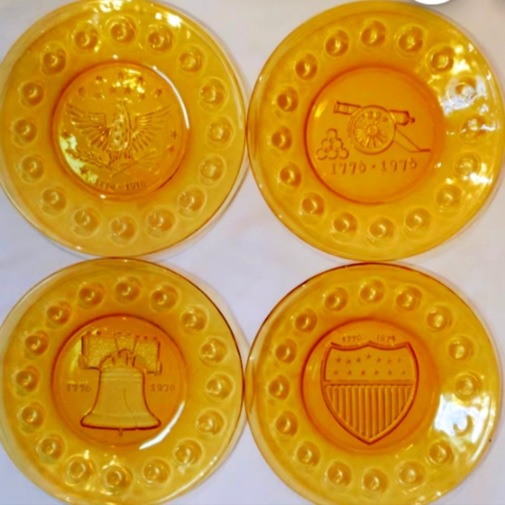 Set of 4 Vintage Amber Glass Bicentennial 8" Plates with Historical Designs